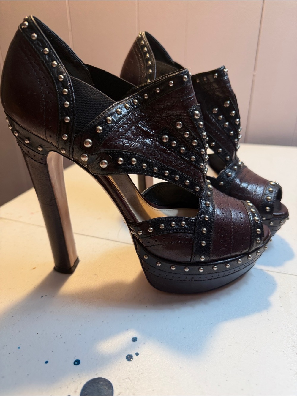 Prada Studded Platform Peep-Toe Heels in Dark Brown Leather